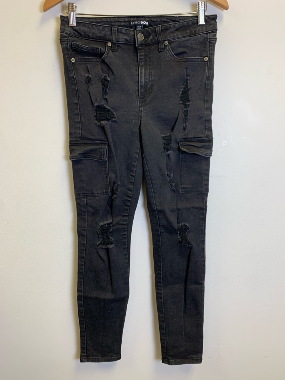 Fashion Nova Black Ripped Cargo Skinny Jeans